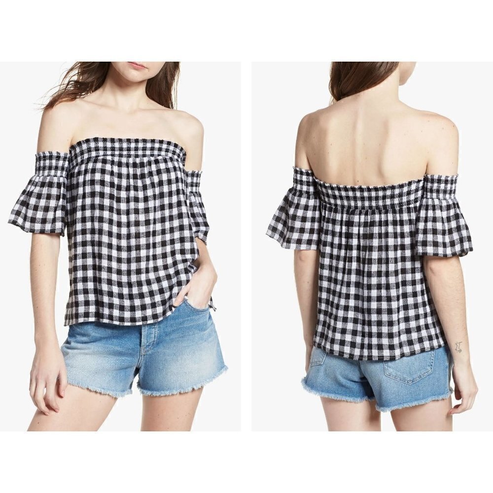 NWT Rails Size L Isabelle Off The Shoulder Top Black Gingham MSRP $138